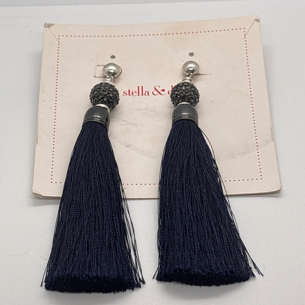 Stella & Dot Tassel Drop Earrings Black Navy Rhinestone‎ Bead Statement